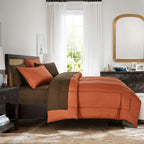 Two-Tone Terracotta 7-Piece Complete Bedding Set with Brown Sheets, styled on a made bed