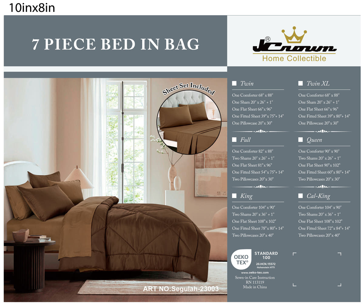 7-Piece Espresso Brown Comforter Set with Contrasting Sheets, shown in a bedroom setting
