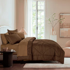 7-Piece Espresso Brown Comforter Set with Contrasting Sheets, styled on a made bed