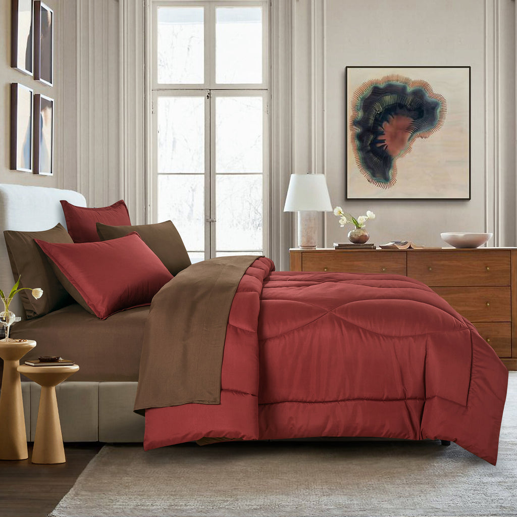 Two-Tone Deep Red and Brown 7-Piece Complete Bedding Ensemble, styled on a made bed