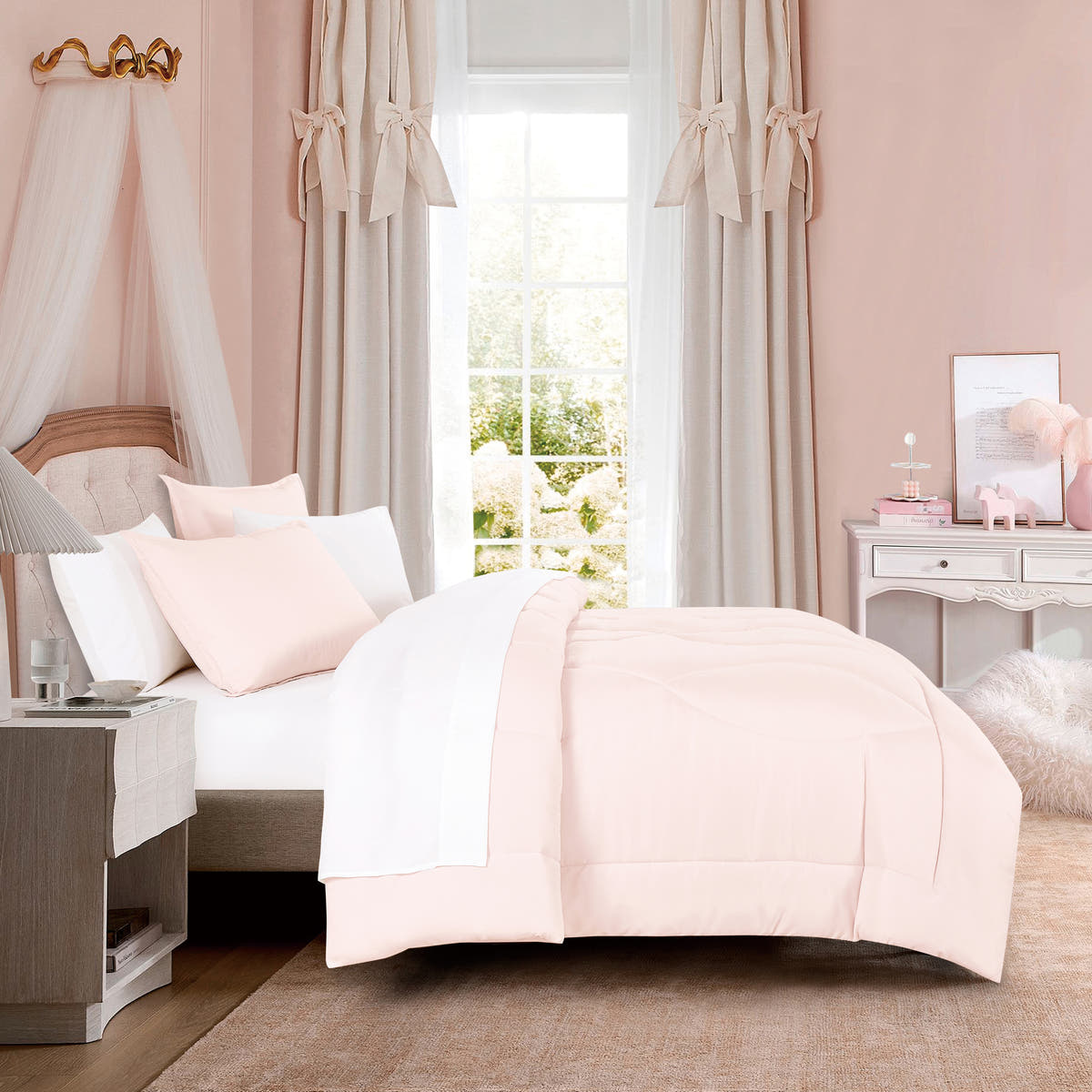 Modern Quilted Blush Pink 7-Piece Comforter Set, styled on a made bed