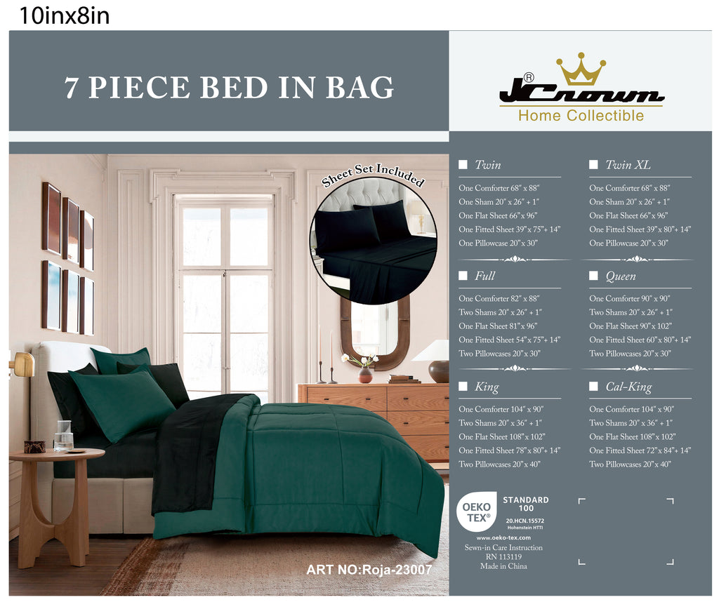 Reversible-Look Dark Green and Black 7-Piece Comforter and Sheet Set, shown in a bedroom setting
