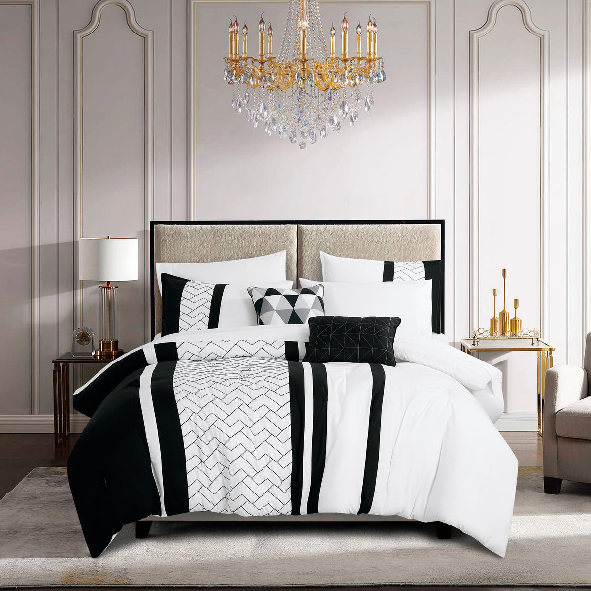 Black and White Geometric Embroidered 9-Piece Comforter & Sheet Set - styled bedding set