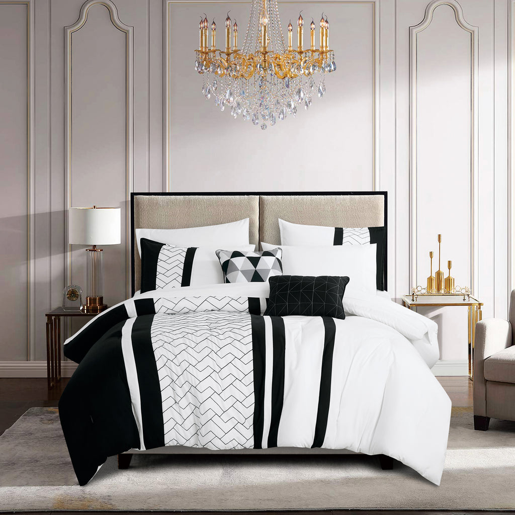 Black and White Geometric Embroidered 9-Piece Comforter & Sheet Set - styled bedding set