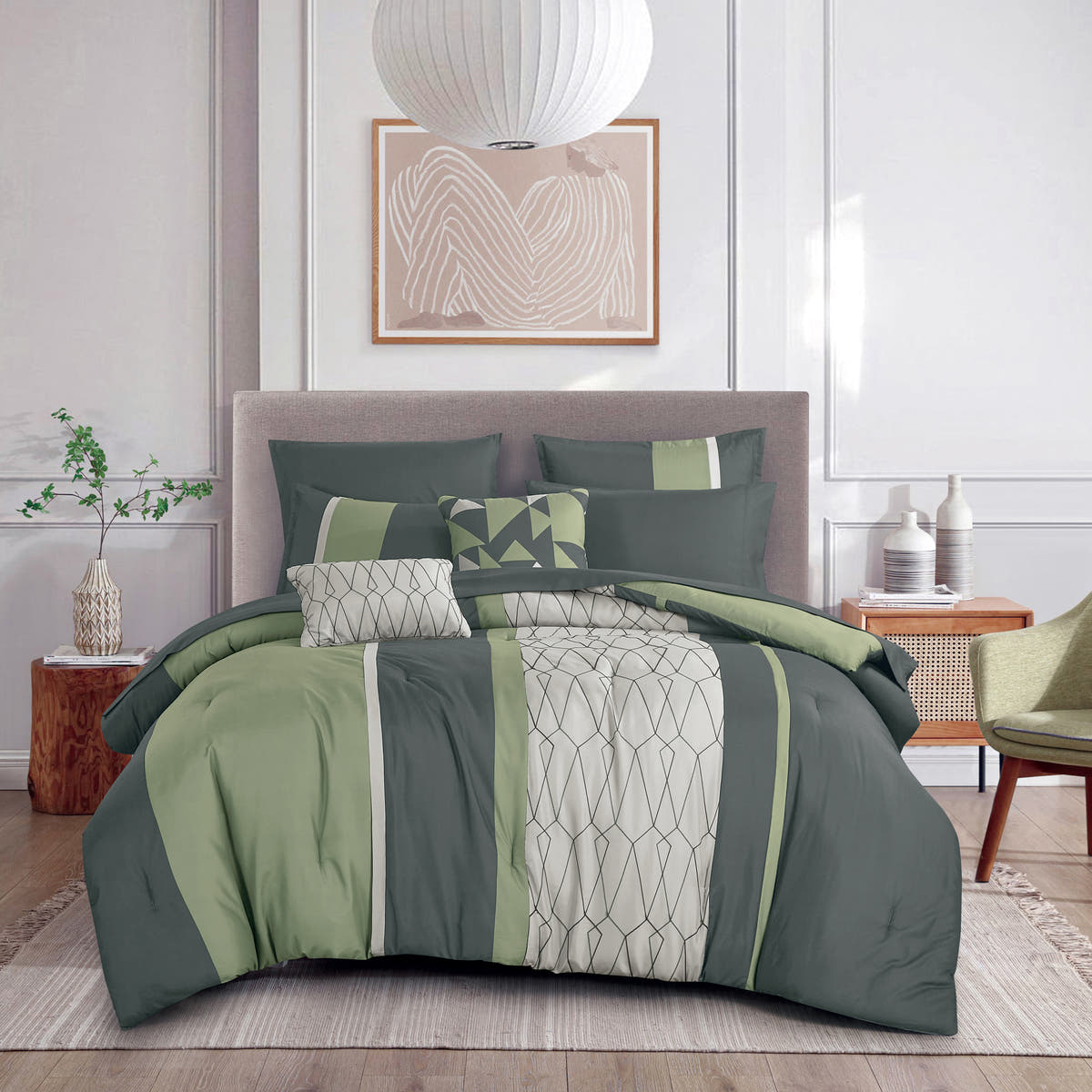 Sage Green Geometric Embroidered 9-Piece Comforter & Sheet Set - styled bedding set