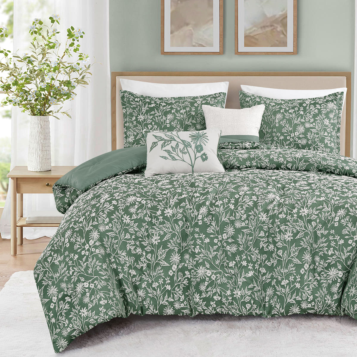 Green Floral 5-Piece Comforter Set on a bed