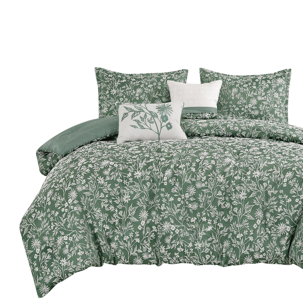 Green Floral 5-Piece Comforter Set styled in a bedroom