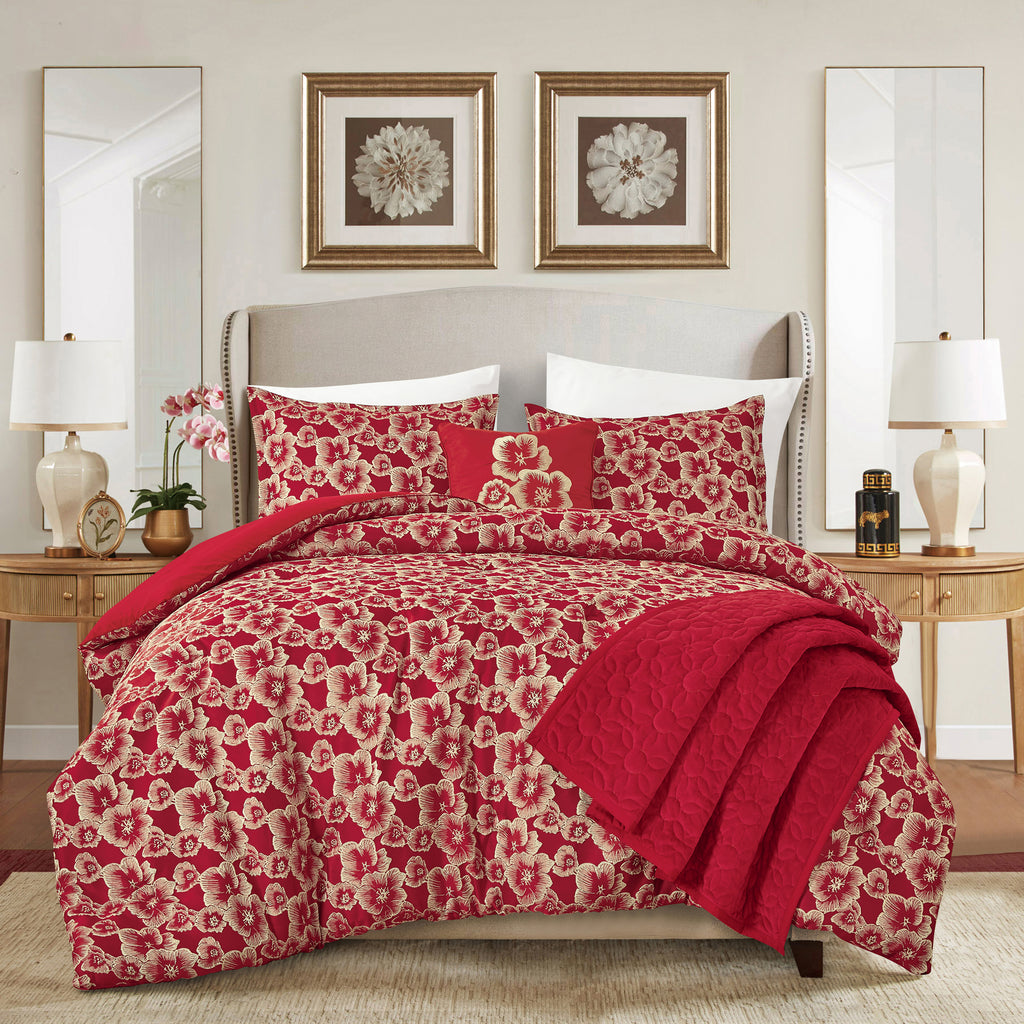 Red Floral 5-Piece Comforter Set detail 3