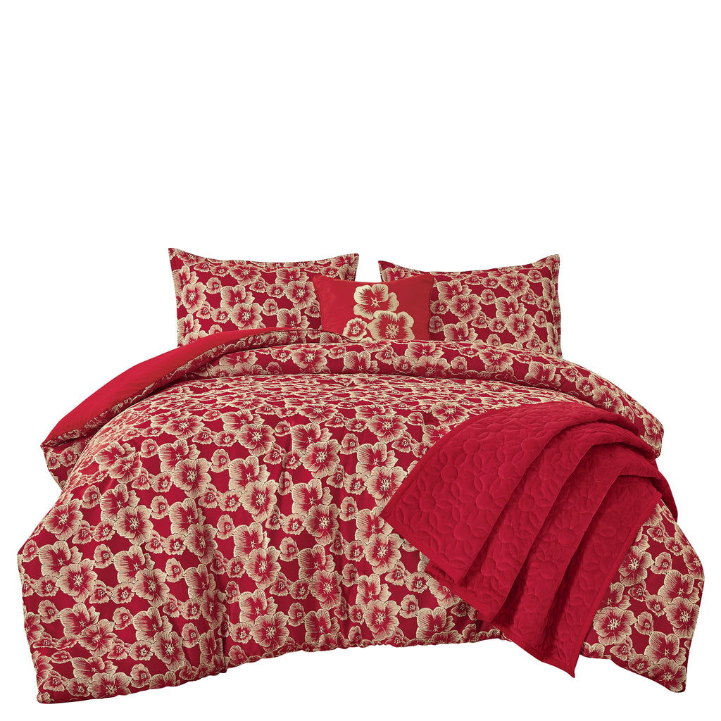 Red Floral 5-Piece Comforter Set detail 4
