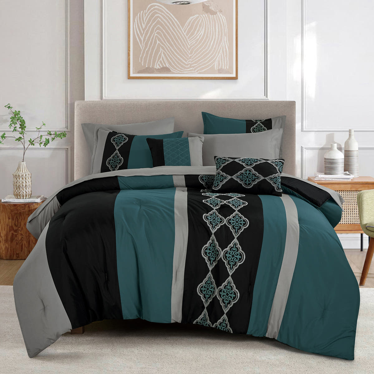 Teal Striped Embroidered 9-Piece Comforter & Sheet Set - styled bedding set