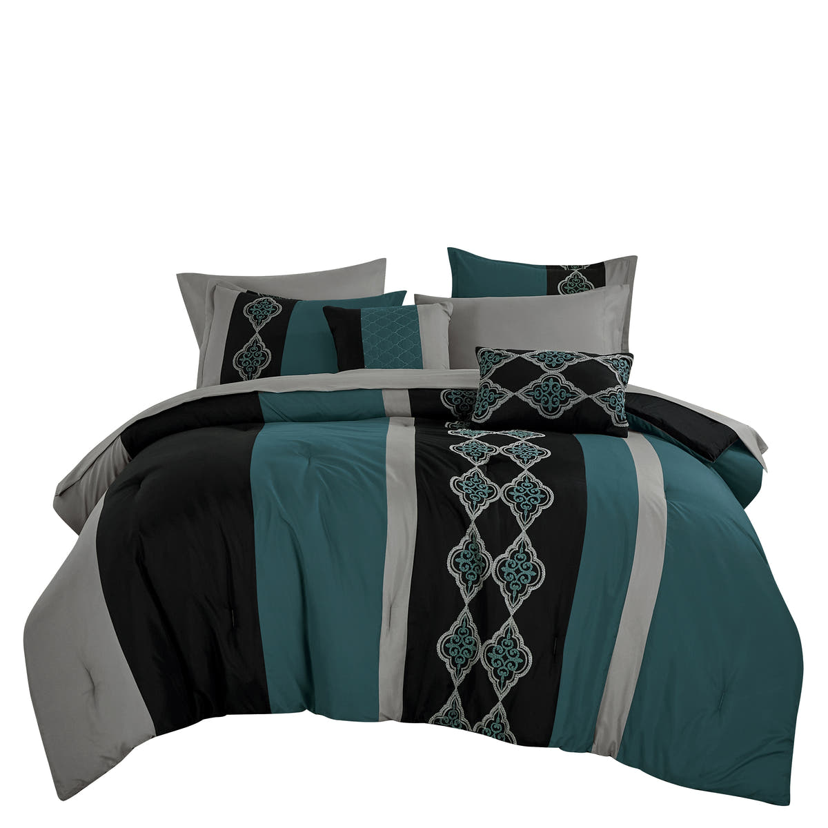 Teal Striped Embroidered 9-Piece Comforter & Sheet Set - alternate product view 4