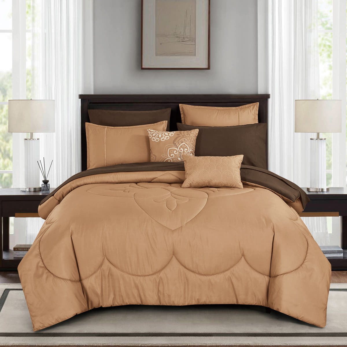 Camel Quilted 9-Piece Comforter & Sheet Set - styled bedding set