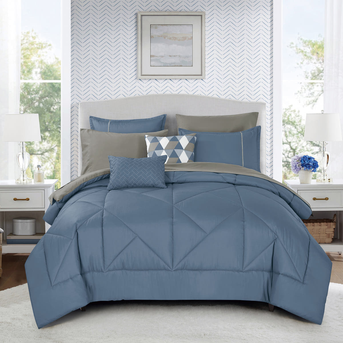 Blue Geometric Quilted 9-Piece Comforter & Sheet Set - styled bedding set