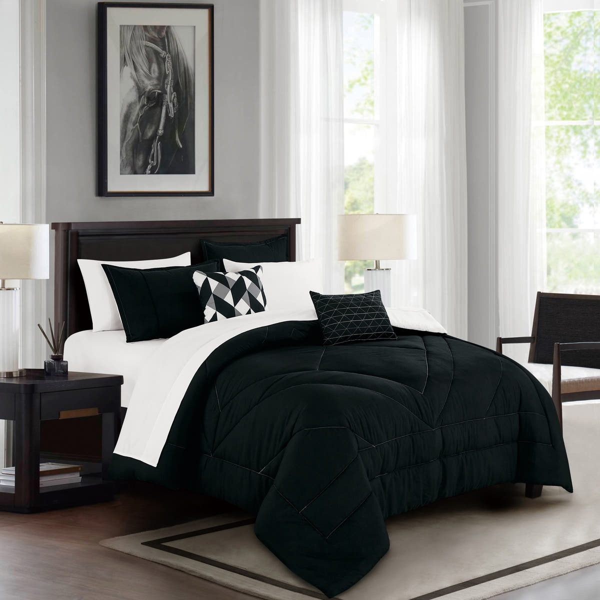 Black Geometric Quilted 9-Piece Comforter & Sheet Set - styled bedding set