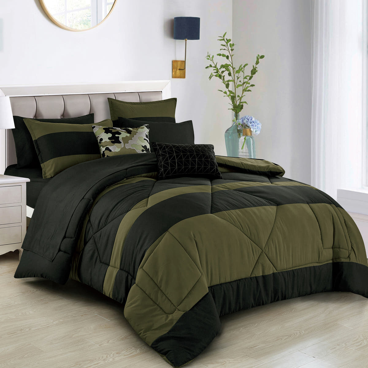 Olive Green Color Block 9-Piece Comforter & Sheet Set - styled bedding set