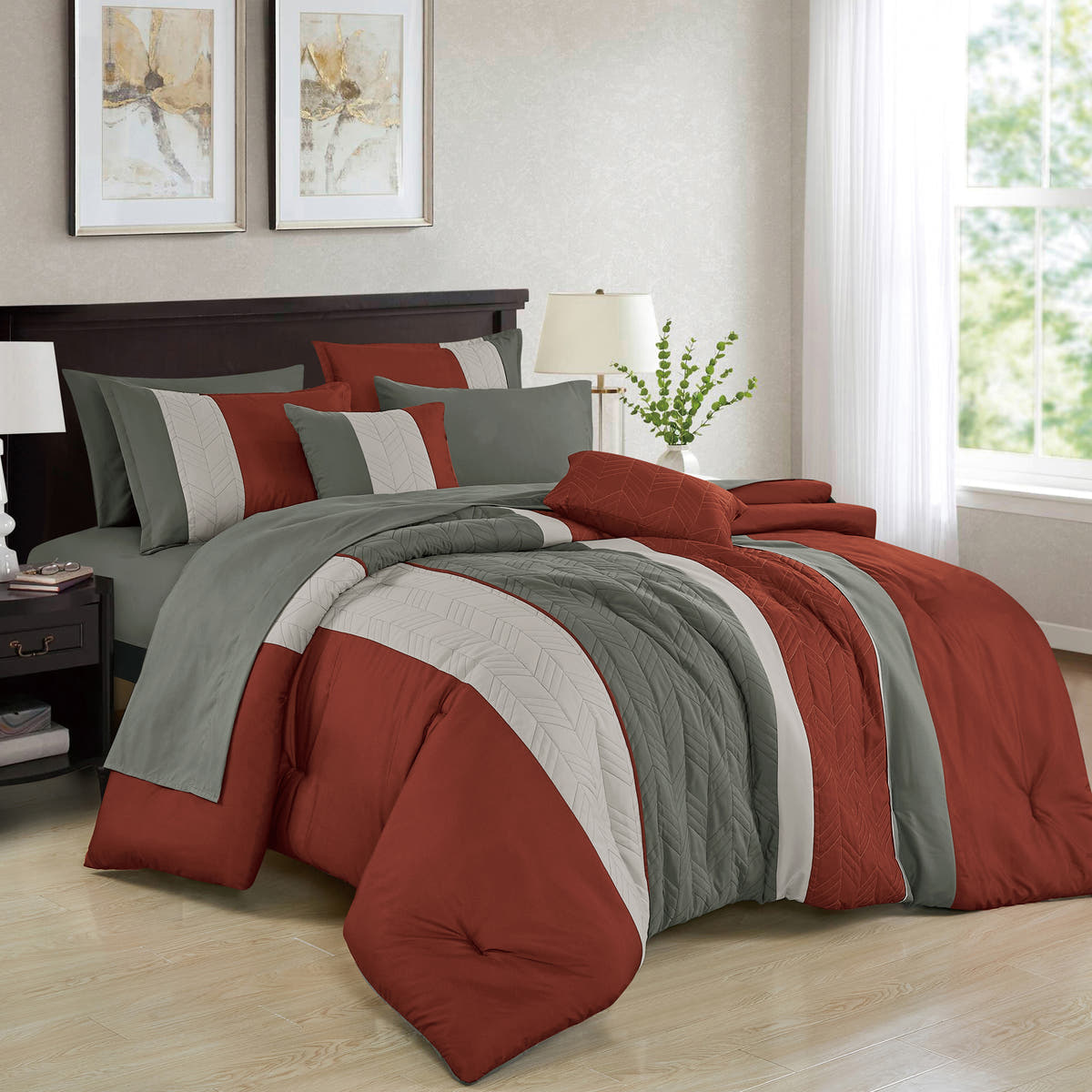 Red and Grey Color Block 9-Piece Comforter & Sheet Set - styled bedding set
