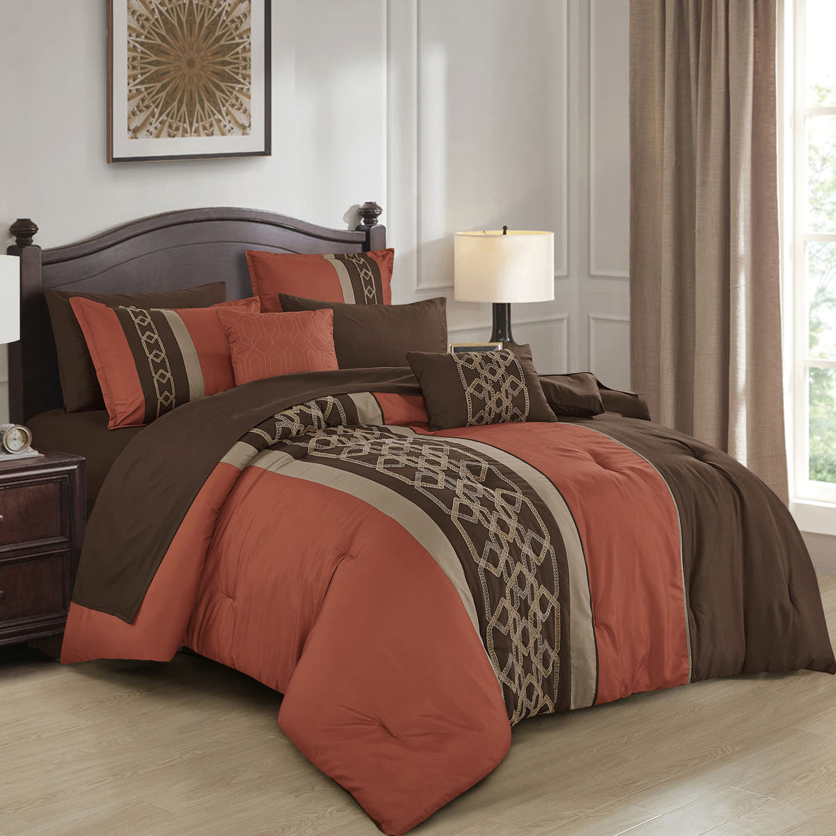 Rust Embroidered 9-Piece Comforter & Sheet Set - styled bedding set