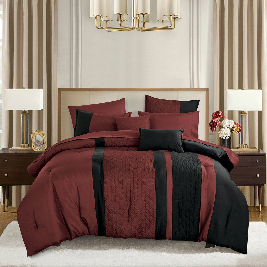 Burgundy Color Block 9-Piece Comforter & Sheet Set - styled bedding set