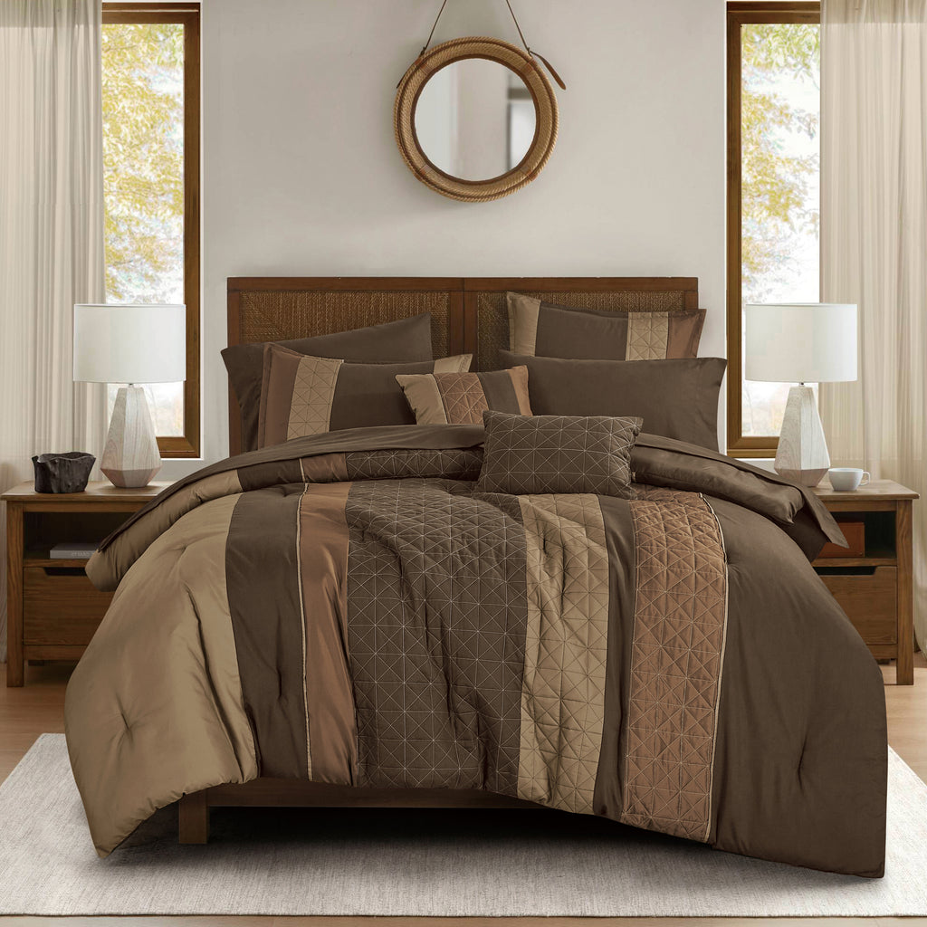 Brown Color Block Embroidered 9-Piece Comforter & Sheet Set - styled bedding set