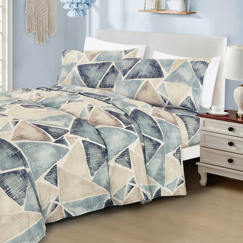 Blue & Taupe Geometric sheet set on a bed