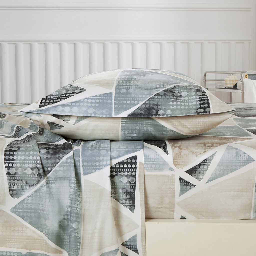 Blue & Taupe Geometric sheet set - fabric detail