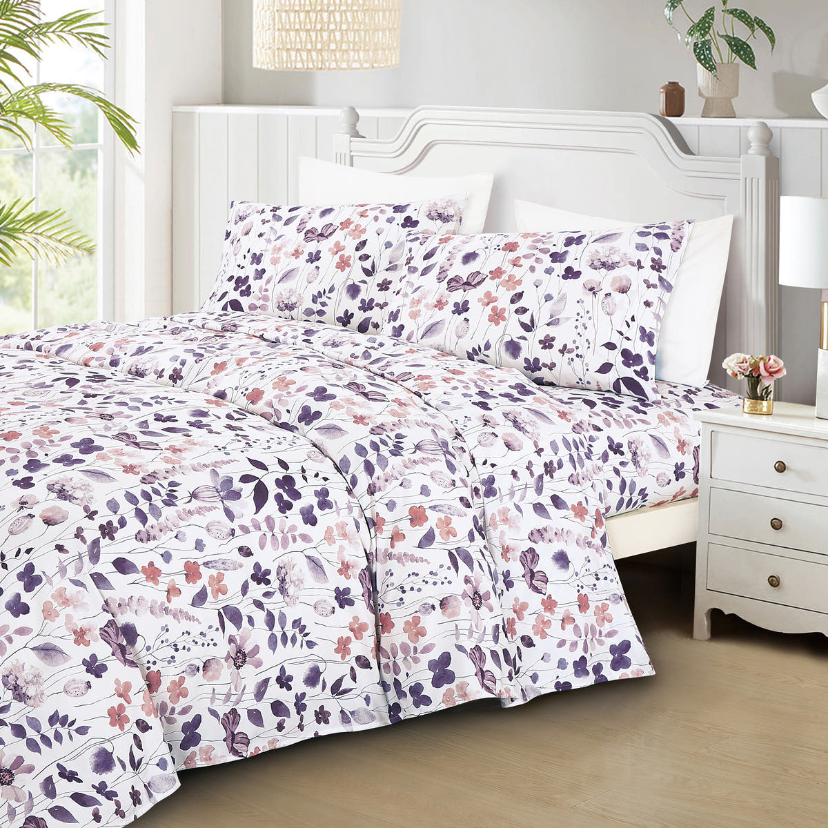 Alternate view of the Modern Botanical Purple and Pink 7-Piece Complete Bedding Ensemble