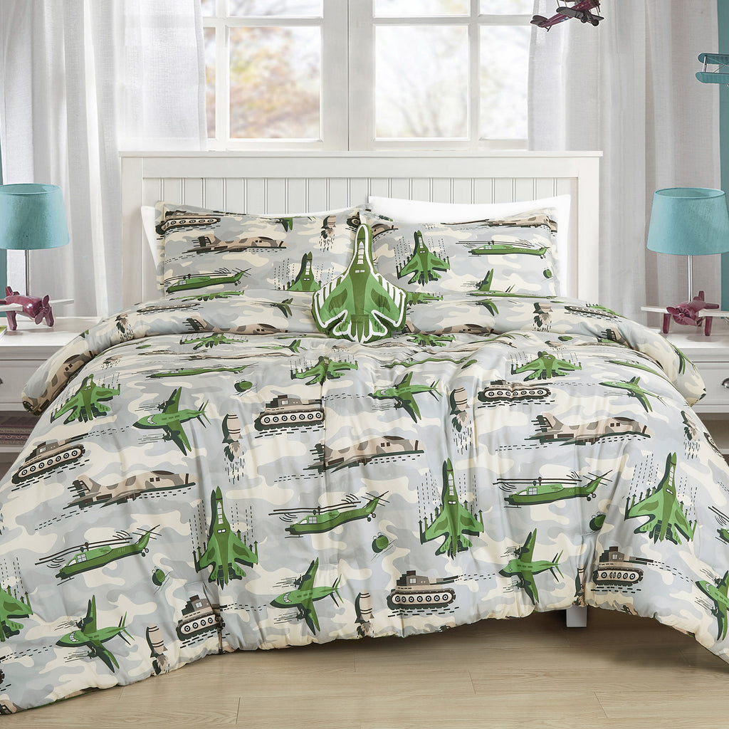 Green Aircraft comforter set on a bed