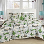 Green Aircraft comforter set on a bed