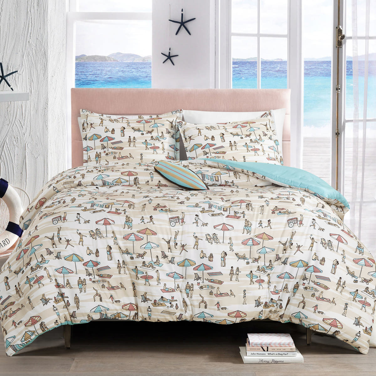 Ivory Surf Print comforter set on a bed