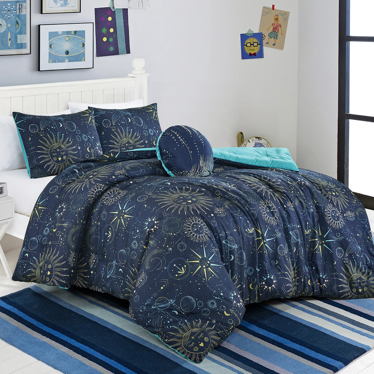 Navy Celestial comforter set on a bed
