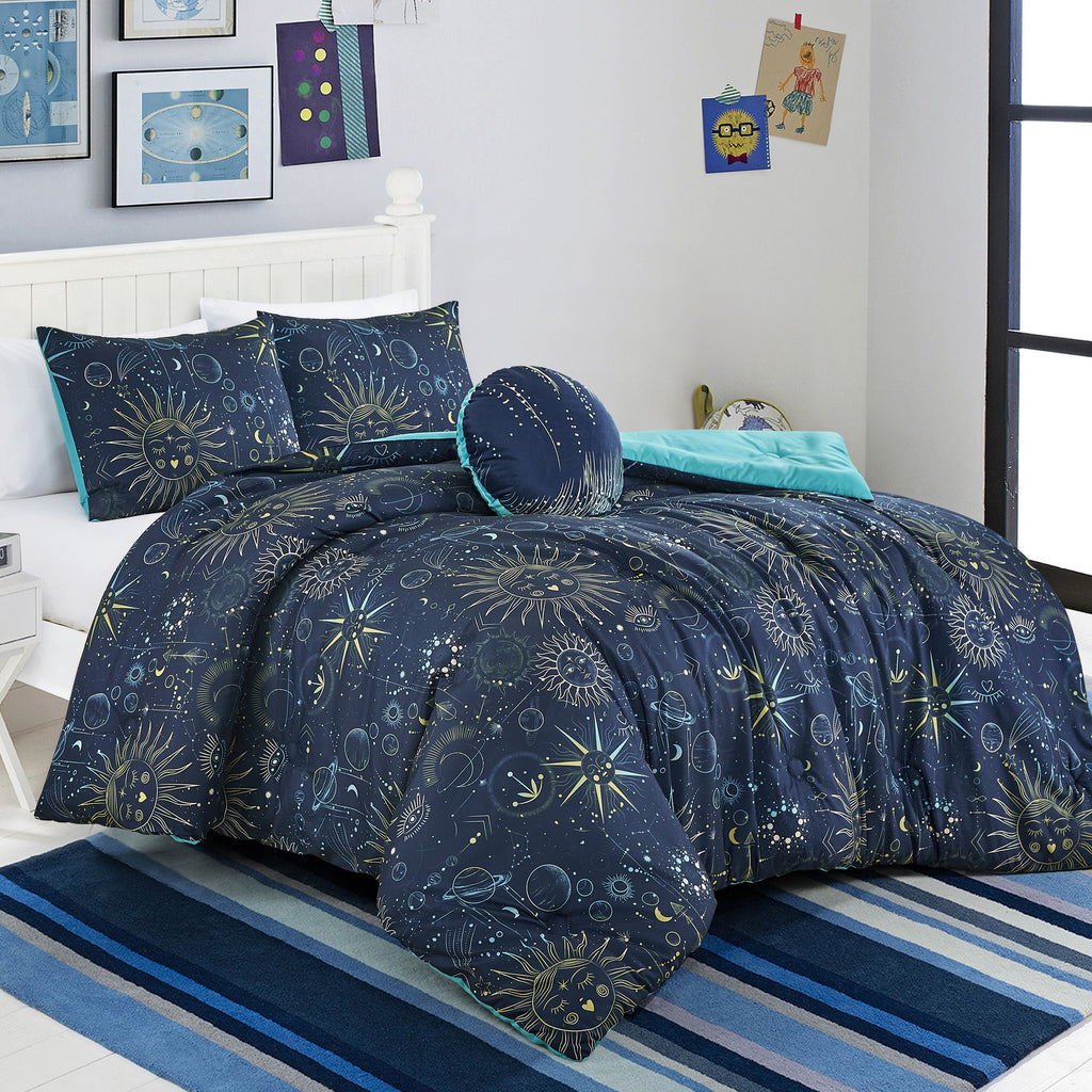Navy Celestial comforter set on a bed