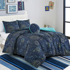Navy Celestial comforter set on a bed