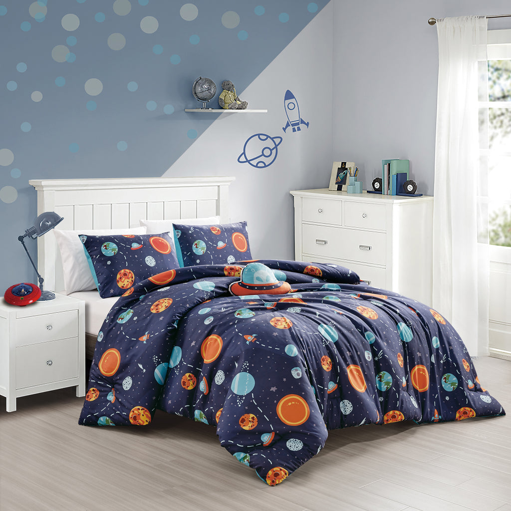 Navy Planet Print comforter set on a bed