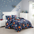 Navy Planet Print comforter set on a bed