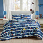 Navy Police Car comforter set on a bed