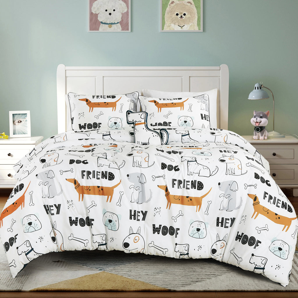 White Dog Print comforter set on a bed