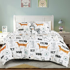 White Dog Print comforter set on a bed